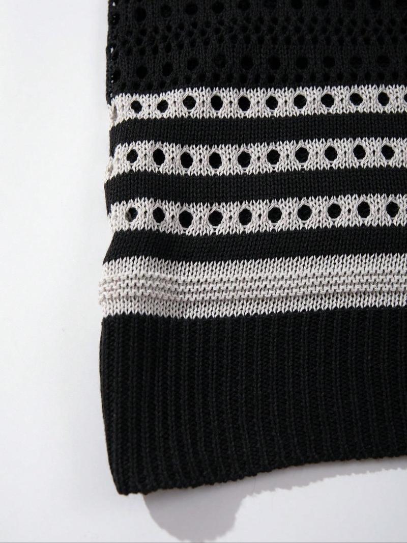 Men's Striped Print Short Sleeve Cardigan, Loose Casual Open Front Knitwear for Spring & Summer, Fashion Men's Knit Clothing for Daily Wear, Tops