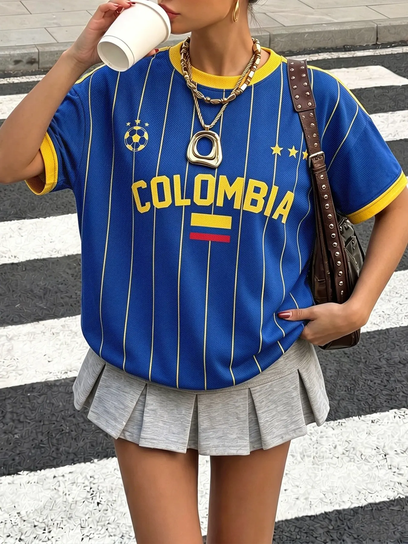 Women's Blue & Yellow Colombia Soccer Jersey T-Shirt, Oversized Mesh Tee with Flag & Star Print, Retro Y2K Streetwear Tops for Summer, Campus Looks, Casual Outings, Sports Events, Travel, and Relaxed Sporty Styling