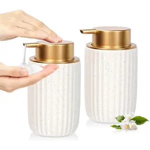 RETON 2 Pack Ceramic Foaming Soap Dispenser, 12oz Foam Hand Dish Soap Dispensers, Bathroom Liquid Lotion Soap Dispenser Pump Bottles for Kitchen Countertop (White)