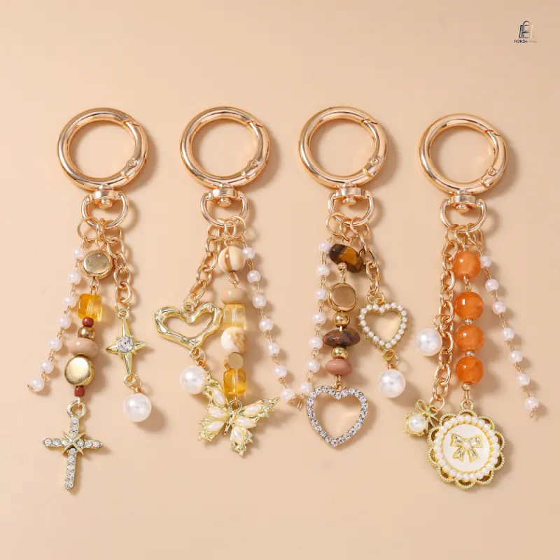 Alloy Metal Keychain with Trendy Round Tag Charms, Beaded with Heart, Cross, Bow & Butterfly Pendants, Unisex Bag Accessory for Handbags