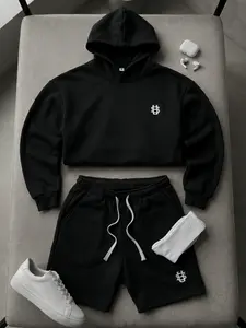 Men's Streetwear Hoodie and Shorts Set, Summer Loose Fit Sportswear, Exercise Clothing Set, Embroidered Logo, Casual Fashion, Comfortable and Versatile, Casual Fitness Wear