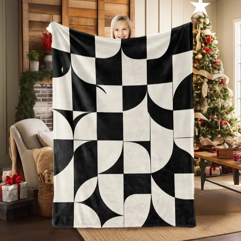 1 Piece Black and White Geometric Throw Blanket, Modern Abstract Art Design Sofa Blanket, Nordic Minimalist Home Decor Blanket, Soft Cozy Warm Blanket for Bedroom Living Room Office Decoration, Stylish Gift Choice for Modern Homes