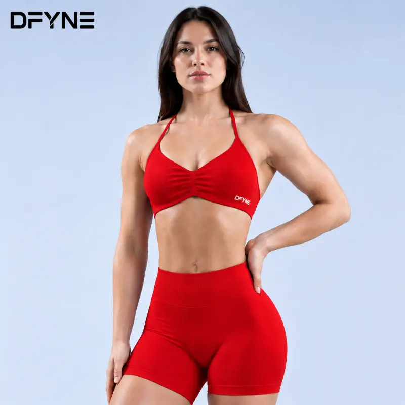 Dfyne Impact Seamless Sculpt Workout Set For Women, Strappy Back Sports Bra & High Waist Shorts, Ultra Flattering Gym Pilates Athletic Activewear