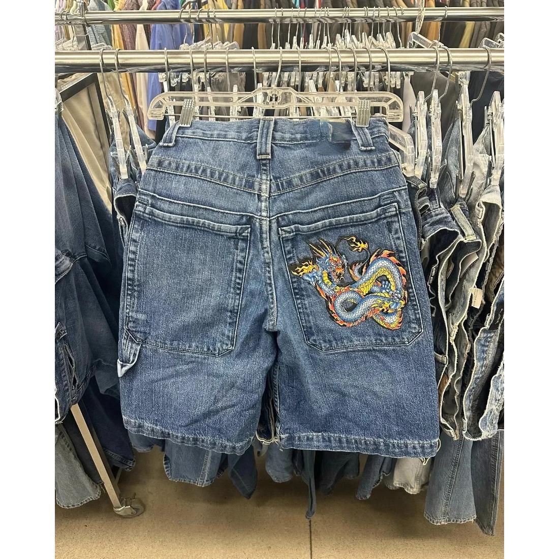 American Retro Gothic Halloween Geometry Graffiti Print Denim Shorts Men Women Y2k Low Waist Baggy Knee Length Jeans Jorts Short Streetwear Trendy Vintage 90s Style Cool Hip Hop Casual Festival Unisex