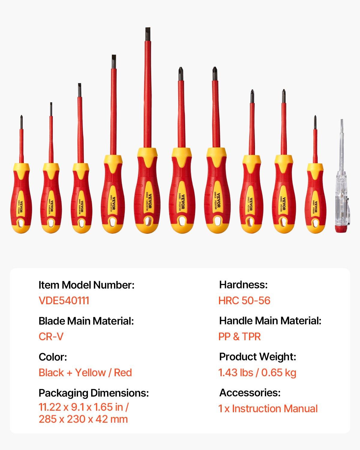 VEVOR Insulated Screwdriver Set, 11-Piece Professional Electrical Screwdriver Set, 1000V Insulated Electrician Tool Set, with Magnetic Phillips Slotted Pozi Tips, Voltage Tester, for Electricians