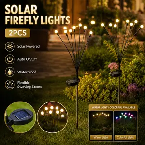 2 Pack Solar Firefly Lights Outdoor, Swaying 8-Head LED Garden Stake Lights, Waterproof Warm White/Color Changing Decorative Solar Pathway Lights with Auto On/Off for Lawn, Patio, Deck, Yard, Walkway, Flower Bed, Landscape Garden Decor
