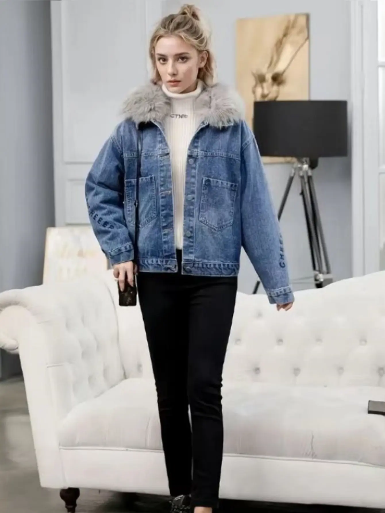 Women's Faux Fur Lined Thick Shaggy Short Denim Parka Coat - Warm Winter Jean Jacket for Everyday Wear, Thermal Shell Top with Adjustable Details