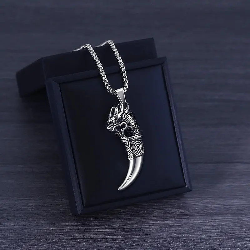Men's Vintage Tribal Tiger Head Wolf Tooth Pendant Necklace, Stainless Steel Protective Amulet, Retro Power Gift for Streetwear Lovers