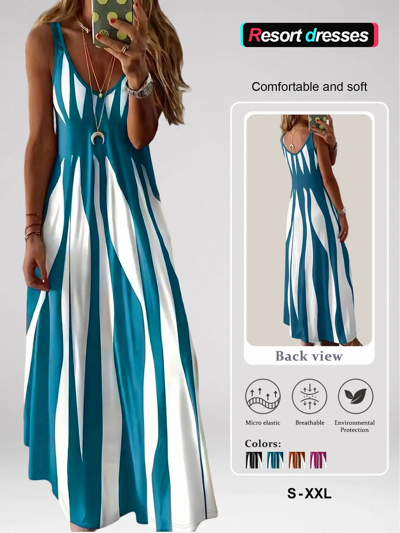Retro Color-Block Vertical-Stripe Sleeveless Maxi Dress, U-Neck A-Line Flowy Floor-Length Dress, Casual Loungewear Dress for Beach Travel and Vacation