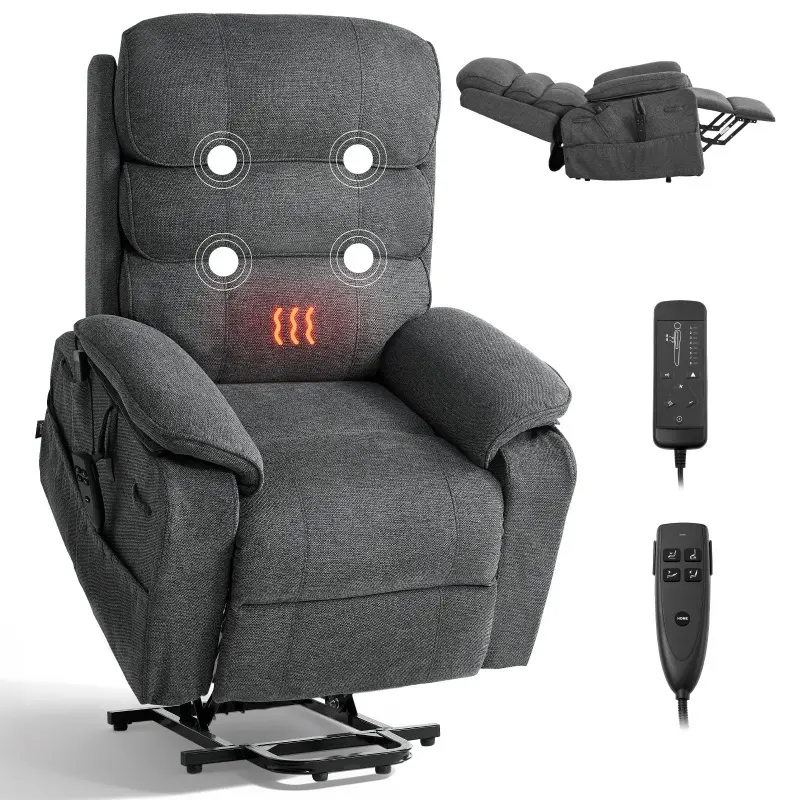 VEVOR Dark Gray Chenille Fabric Power Lift Recliner Chair - Dual Motor, Anti-Drop, Automatic Power Off, 35x38.6x40.9 in, 350+ lb Capacity, Heat+Massage, Adjustable Position, Remote Control, Side Pockets, Foam, Easy Install for Elderly