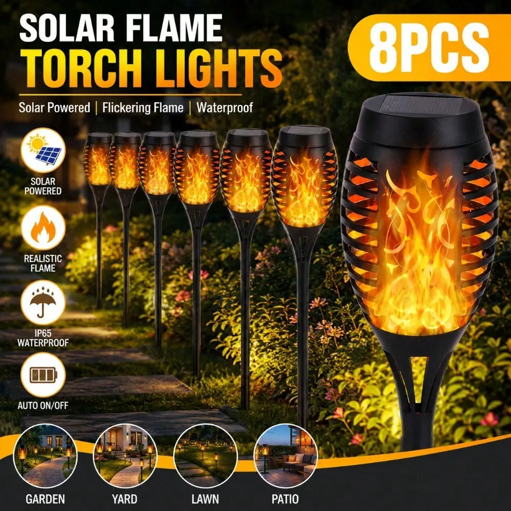 8Pcs Outdoor Solar Flame Lights With Simulated Flickering Flame Solar Torch Lamps For Garden Decoration - Waterproof LED Outdoor Torch Lights, Yard Path Lawn Lights