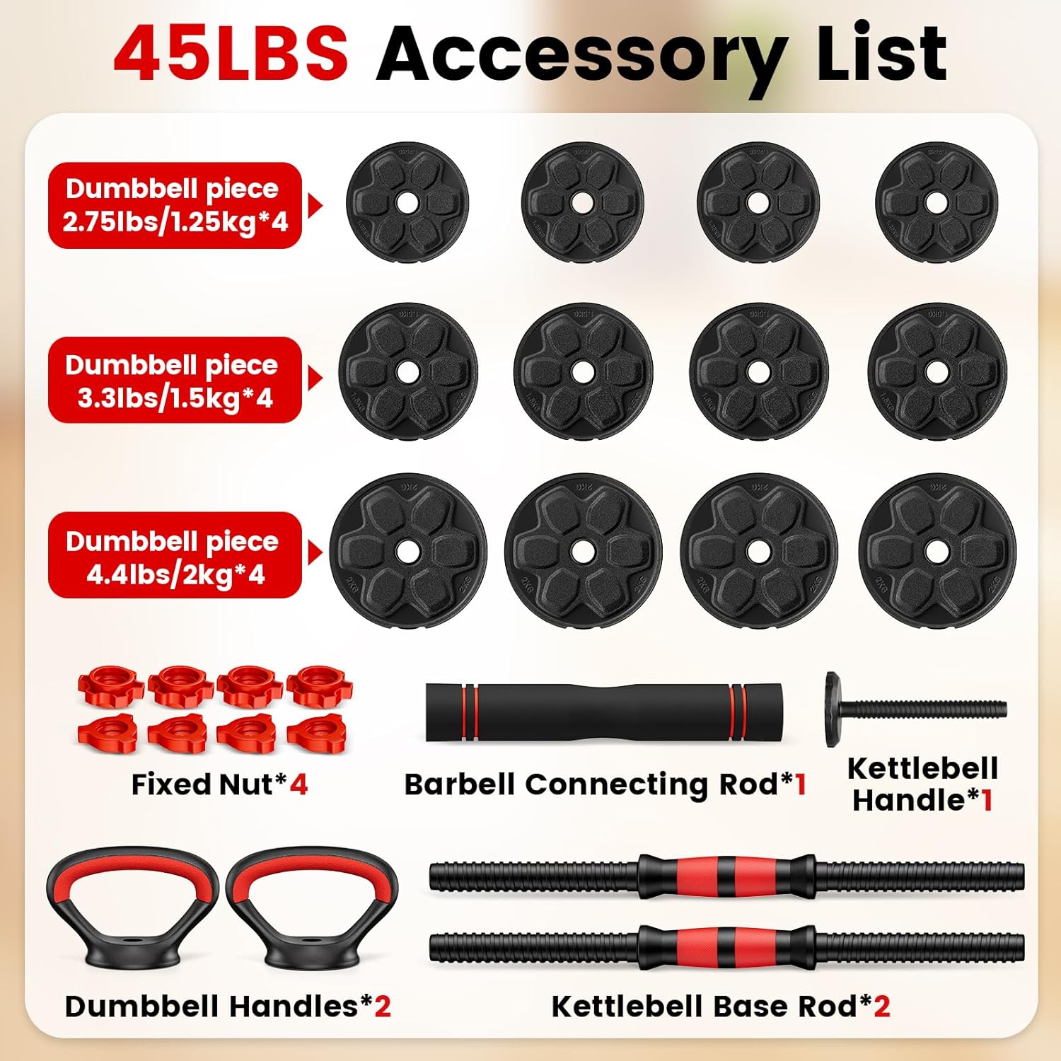 Adjustable Dumbbell Set, 20/33/45/70/90lbs Free Weight Set with Connector, 4 in1 Dumbbells Set  as Barbell, Kettlebells, Push up Stand, Weight Set for  Gym Suitable Men/Women