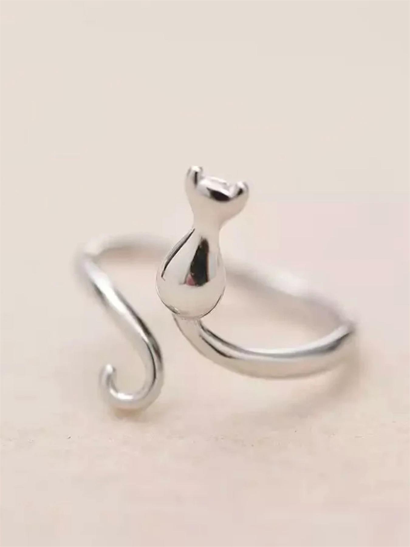 Cute Cat Design Animal Feature Cuff Ring, Adjustable Rings, Copper Material, Accessories for Women & Girls, Jewelry for Party, Daily Clothing Decor, Jewelry for Anniversary Gift, Jewelry For Birthdays, Adjustable Fit