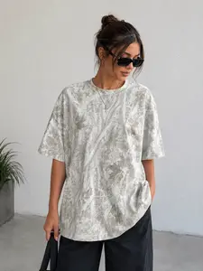 Women's Fashion Street Style Camo T-Shirt, Vintage Washed Leaf Print Loose Fit Round Neck Short Sleeve Top, Soft Breathable Summer Casual Wear
