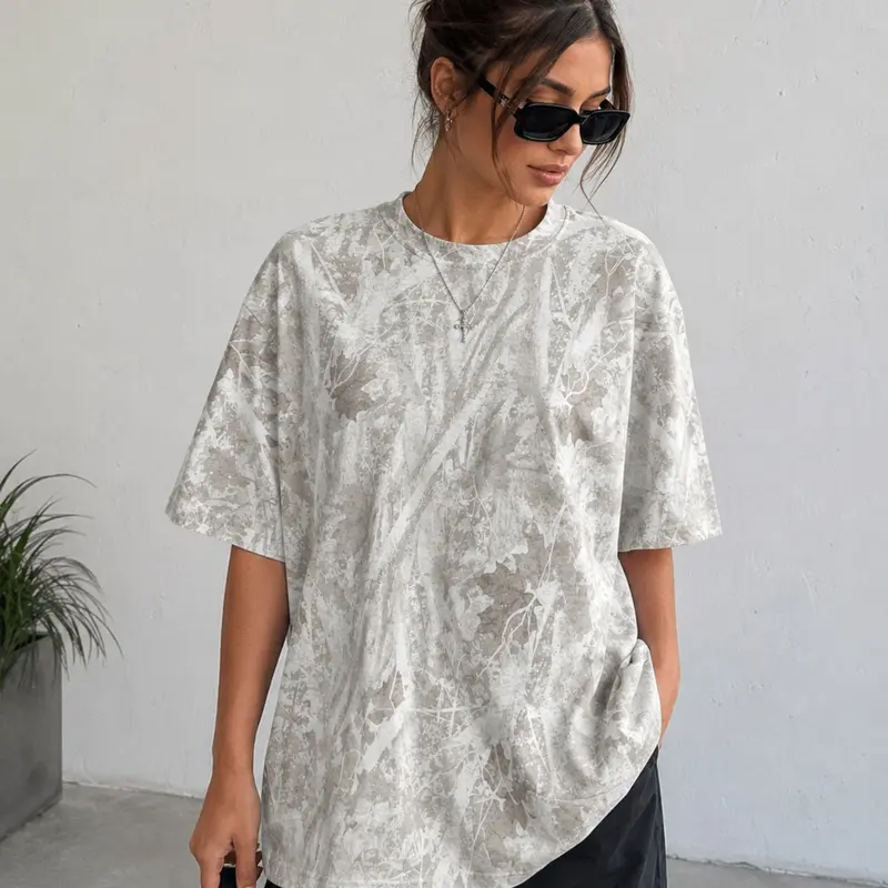 Women's Vintage Wash Leaf Print T-Shirt, Loose Fit Round Neck Short Sleeve Top, Soft Breathable Summer Casual Streetwear, Graphic Shirt