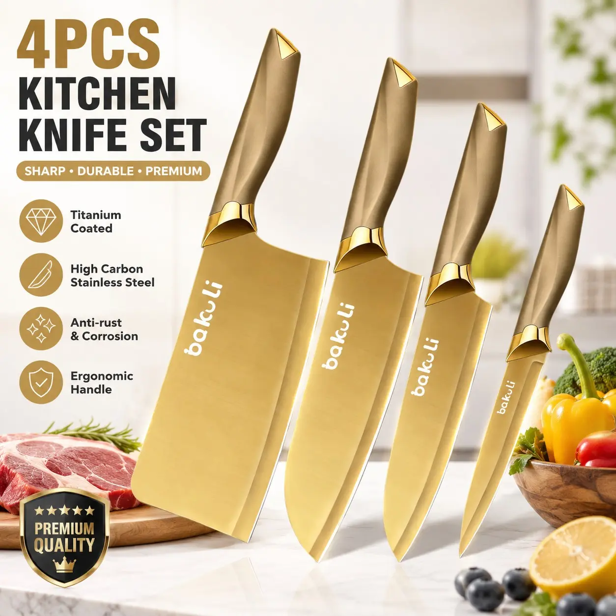 Premium 4-Piece Gold Kitchen Knife Set, Premium Stainless Steel Chef/Utility/Paring/Cleaver Knives, Elegant Non-Stick Titanium Coated Cutting Blades, Ergonomic Handle, Sharp Cooking Knives for Home & Restaurant, Culinary Gift Set