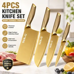 Premium 4-Piece Gold Kitchen Knife Set, Premium Stainless Steel Chef/Utility/Paring/Cleaver Knives, Elegant Non-Stick Titanium Coated Cutting Blades, Ergonomic Handle, Sharp Cooking Knives for Home & Restaurant, Culinary Gift Set
