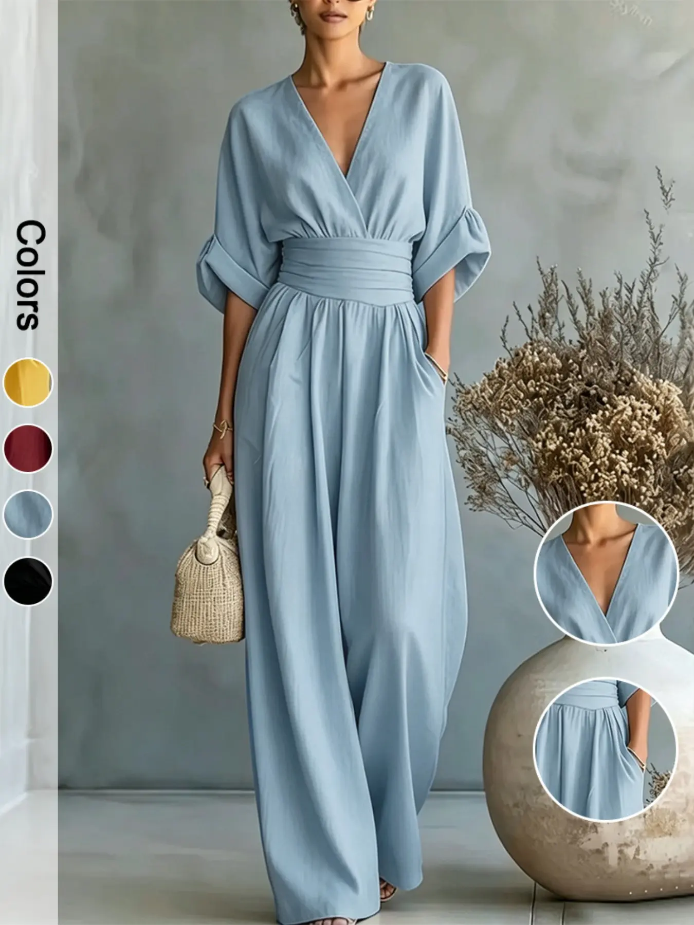 Women's V-Neck Three Quarter Sleeve Romper, Flowy Summer Overalls, Casual Elegant Waist Cinch Design, Fashionable Ladies' Dress, Perfect for Daily Wear