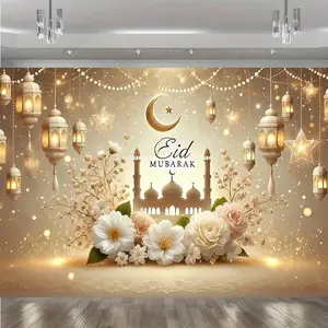 Ramadan Golden Crescent Moon Backdrop Eid Mubarak Islamic Theme Tapestry Wall Hanging Photography Background Polyester Fabric Festival Party Decor Studio Celebration Banner Prop