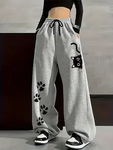 Women's High Waist Casual Jogger Pants, Fun Cat Pattern Print, All Seasons Spring Autumn Wear, Comfortable Daily Long Trousers