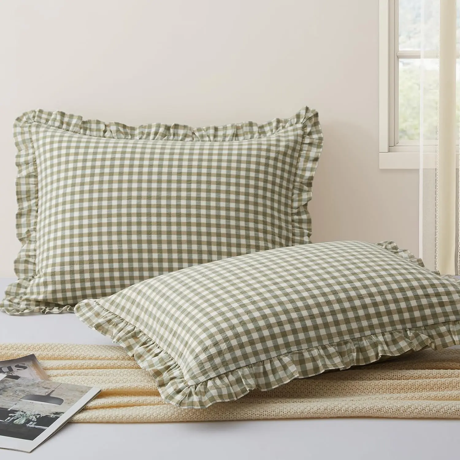 2 Pcs Plaid Ruffle Standard Size Pillow Case, Ruffled Gingham Cotton Pillowcases 20x26 Inch, Linen Feel Plaid Bed Pillow Shams with Envelope Closure for Sofa Bed (Sage Green Plaid)