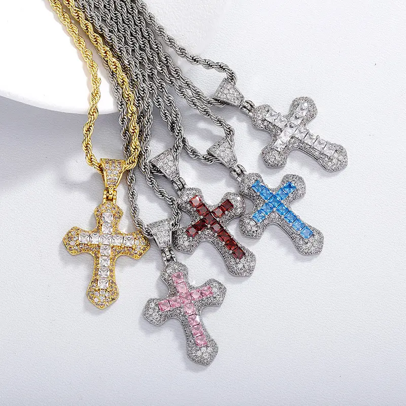 Colorful Zircon Stones Cross Shape Pendant Necklace - Copper Base Fashionable Versatile Twist Chain Sweater Necklace for Women's Daily Wear, Religious Christian Boujee Crucifix Goldtone Hip Hop Jewelry Gift