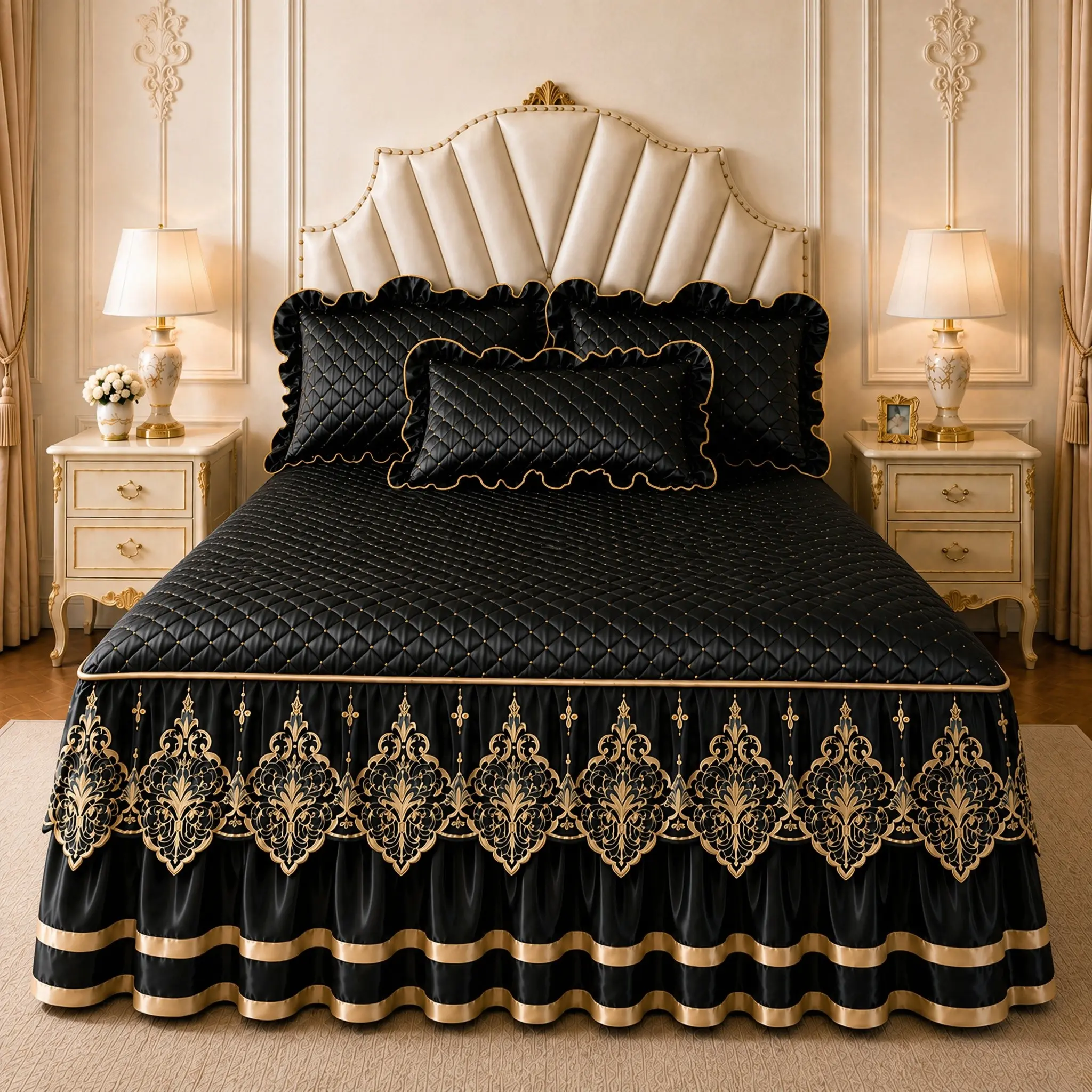 3pcs Silk Smooth Lace Bed Skirt Set, Includes 1 Bed Skirt and 2 Pillowcases, Quilted Mattress Protector, All Seasons