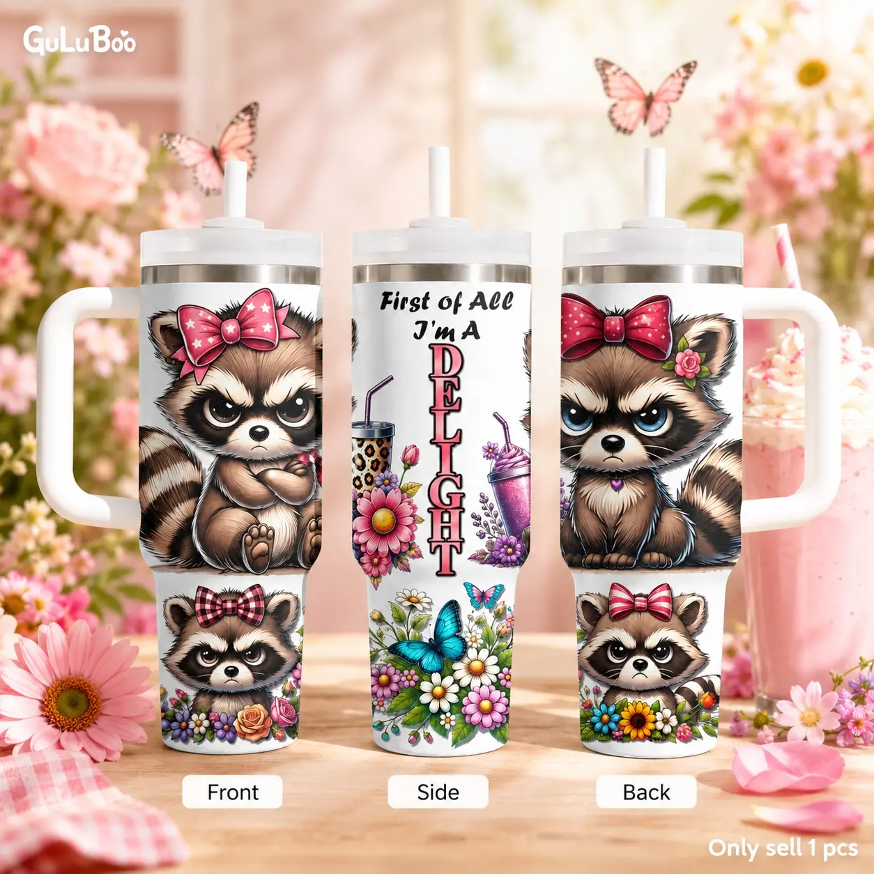 Grumpy Raccoon I'm A Delight Vacuum Flasks 40oz Stainless Steel Tumbler with Handle & Straw – Vacuum Insulated Travel Mug, Keeps Drinks Cold Up to 24H, Leak-Resistant Cup for Iced Coffee, Water, Gym, Office & Travel