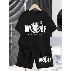 Boys' Short-Sleeve Outfit for Summer 2026, Featuring a New WOLF MEDIA PLUS Design with a Wolf Head Letter Print on a T-Shirt And Shorts Set, for Outdoor
