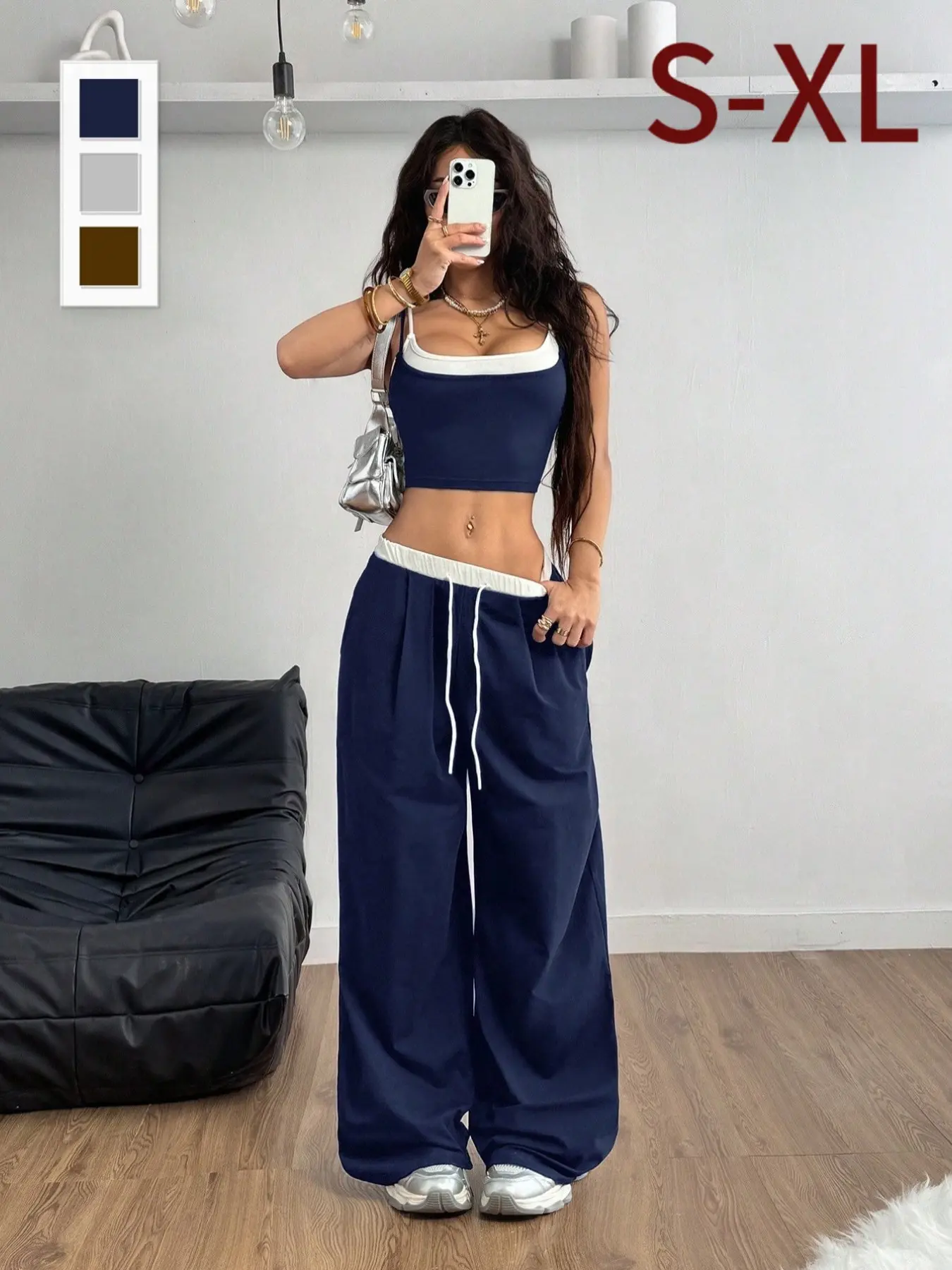 Women's Spring Casual Sporty Comfort Knit Two-Piece Set, Casual Chic Set, Casual Sports Set, Minimalist Tank Top & Sweatpants, School Wear, Back-To-School, Homewear Set, Womenswear, Clothes