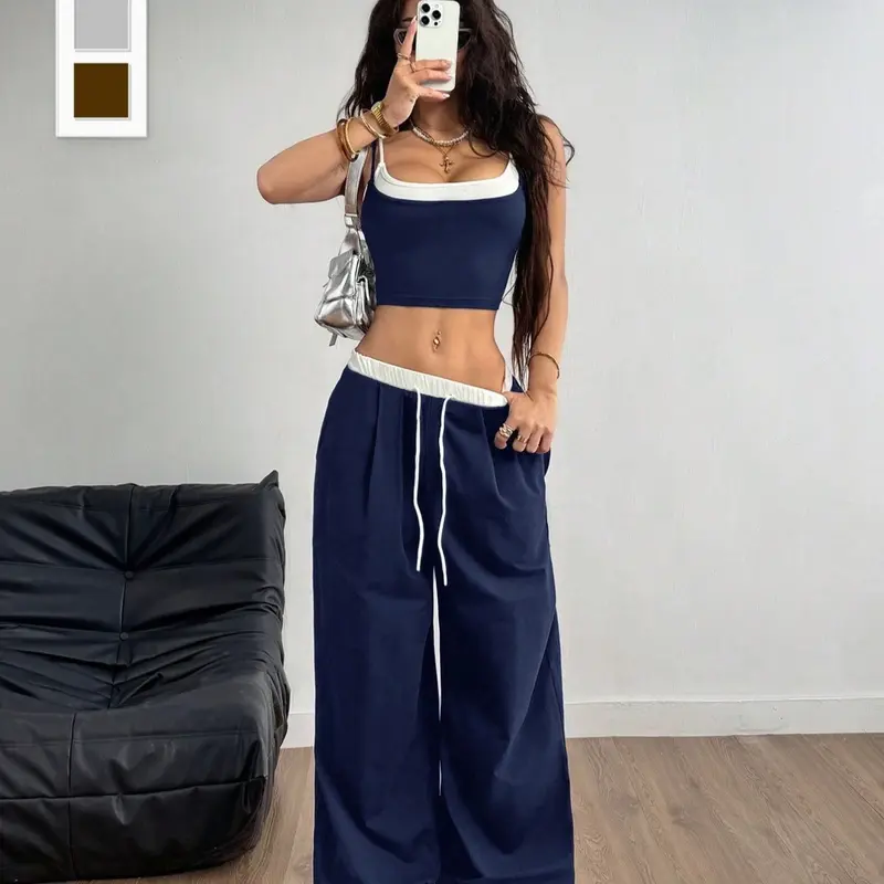 Women's Spring Casual Sporty Comfort Knit Two-Piece Set, Casual Chic Set, Minimalist Tank Top & Sweatpants, School Wear, Back-To-School, Homewear Set, Casual Sportswear Set, Womenswear, Clothes