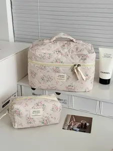 Floral Cosmetic Bag, Portable Large Capacity Quilted Patchwork Storage Bag, Travel Makeup Organizer, All Seasons Casual Style