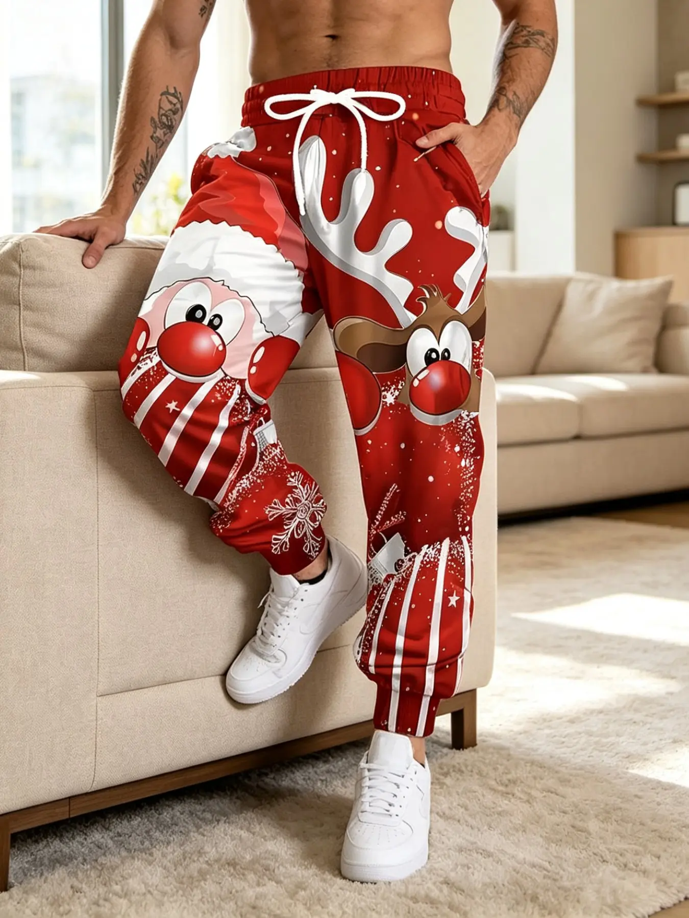 Men's Christmas-Themed Sweatpants, Festive Base, Boho Style, Loose-Fitting, All-Over Print, Spring & Fall Fashion