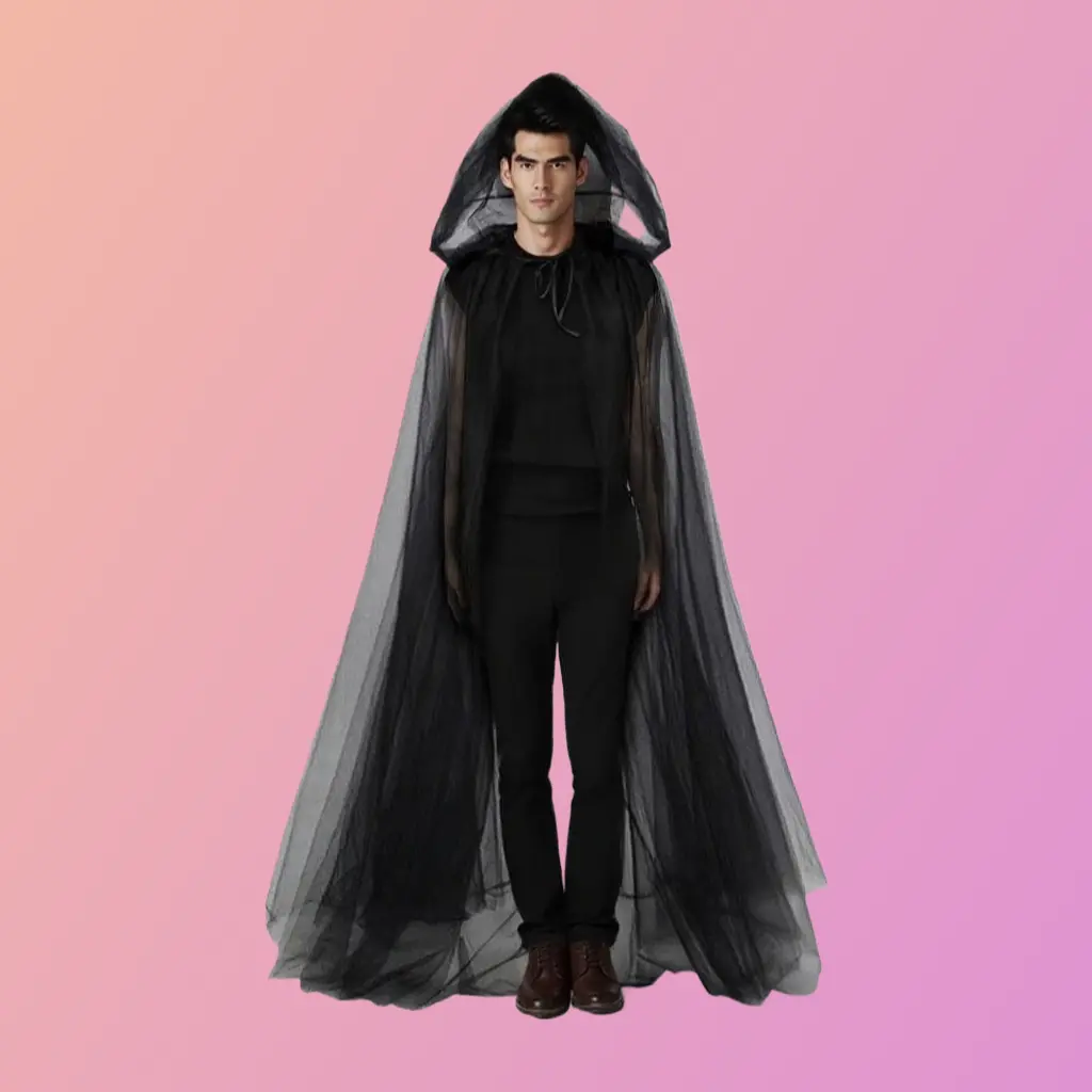 Unisex Dark-Style Hooded Long Mesh Cool Cape, Witch Cosplay Costume Outfits with Premium Fabric for Halloween Role-Play Vibe