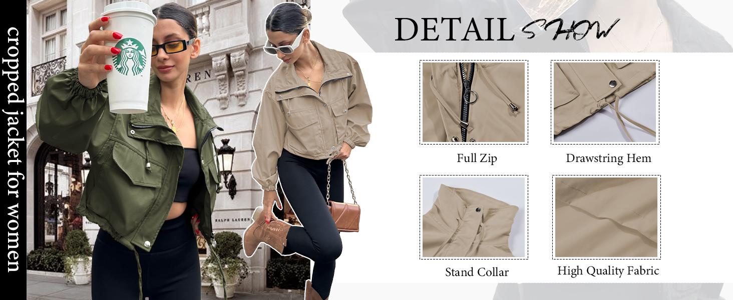 Imily Bela Womens Cropped Jacket Zip Up Lightweight Oversized Utility Anorak Coat with Pockets
