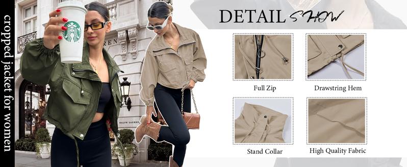 Imily Bela Womens Cropped Jacket Zip Up Lightweight Oversized Utility Anorak Coat with Pockets