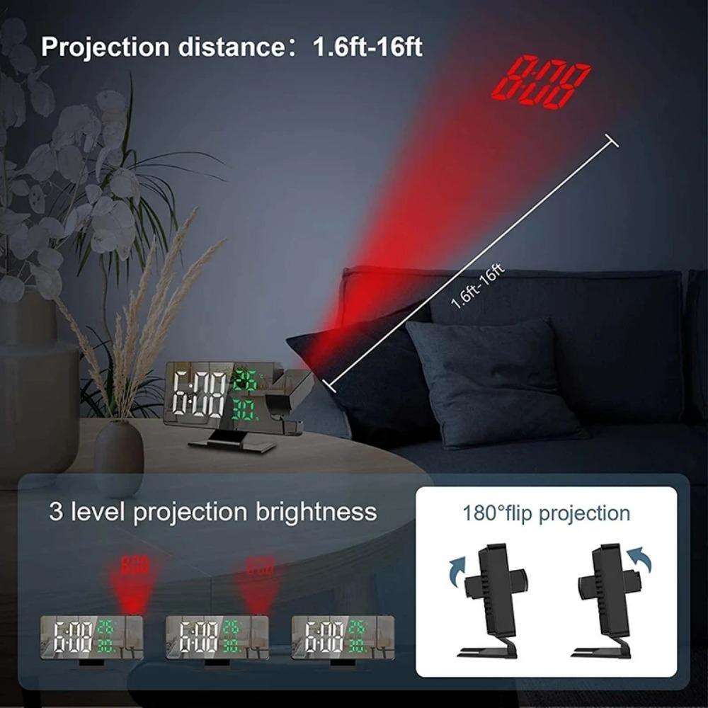 LED Clock, 180° Arm Projection Digital Alarm Clock, USB Powered Temperature Humidity Night Mode Snooze 12/24H USB Powered Projector Table Clock, Decor