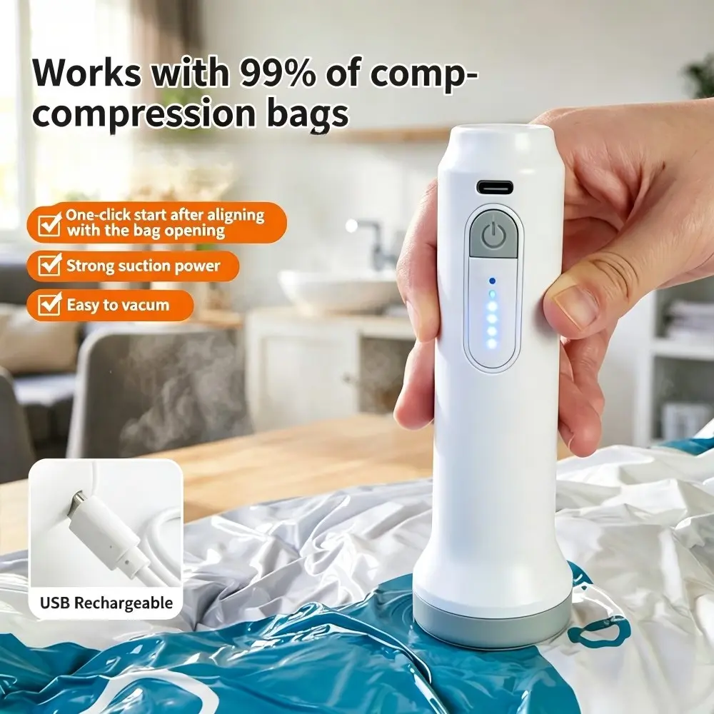 Cordless rechargeable electric vacuum pump with Type-C charging, USB Rechargeable & power indicator, lightweight handheld design for clothes quilt storage vacuum bags.Strong suction quickly removes air to save storage space. Wireless Vacuum Pump