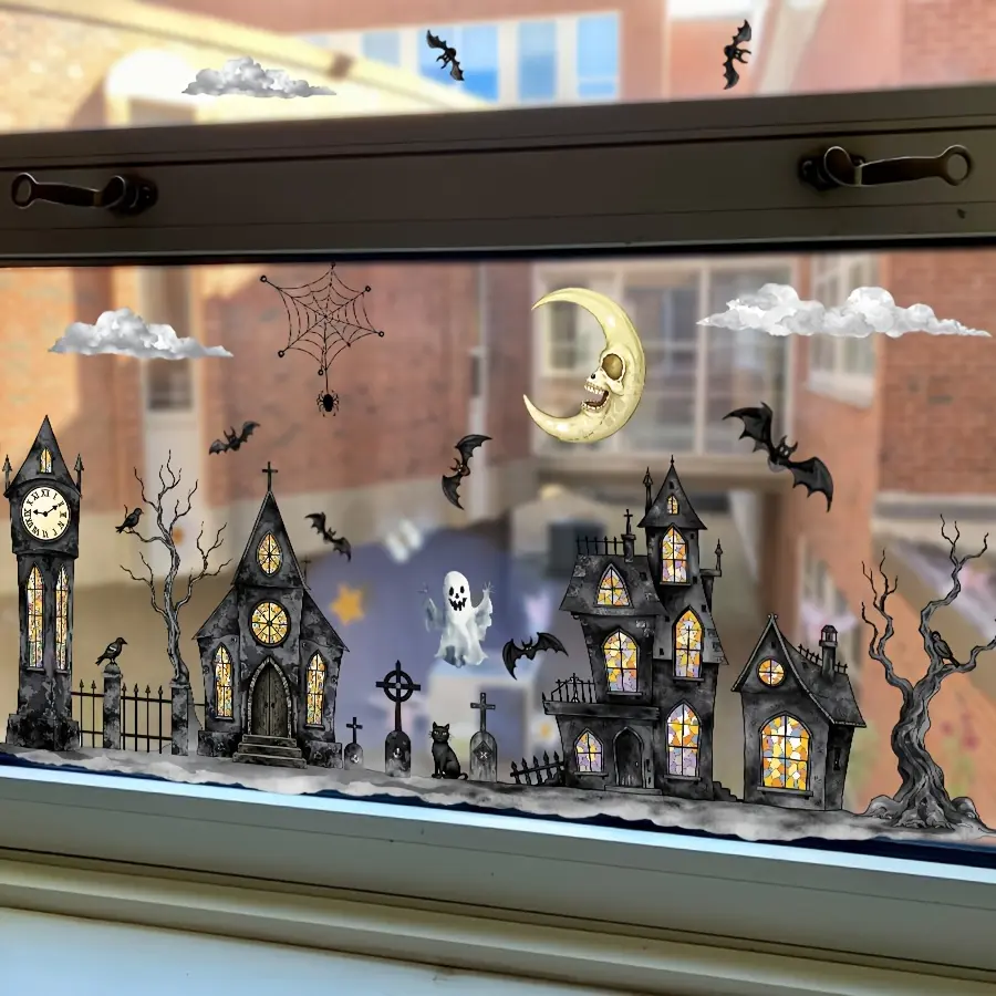 1 Set (2 Sheets) Watercolor Themed Halloween Ghost Static Window Stickers, Decorative Decal, With Haunted Houses & Ghost Moon Patterns, Double-Sided Visible, Glue-Free No Residue, Removable & Reusable Decals, For Halloween Party Glass Decoration