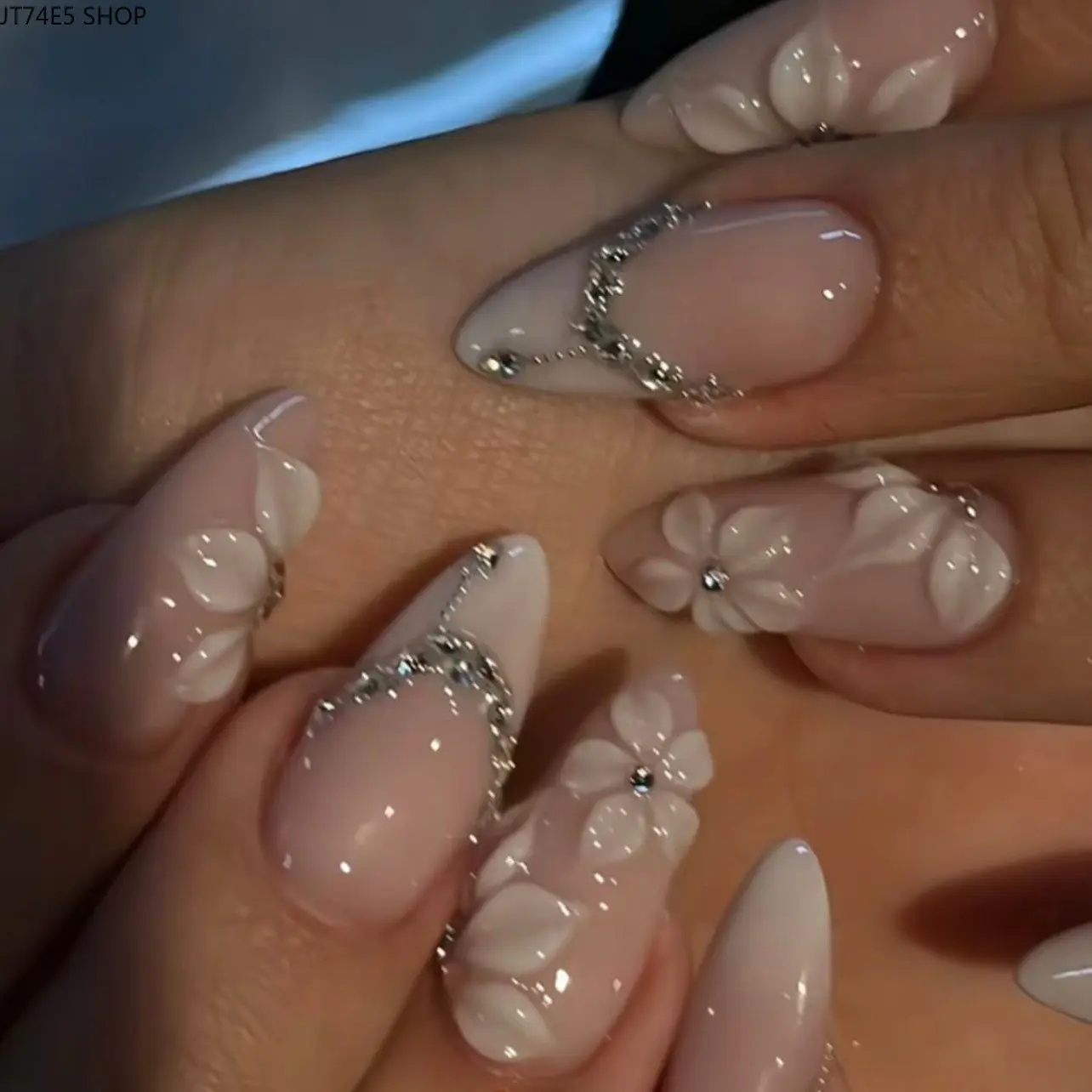 Almond Press On Nails with 3D Florals & Rhinestones, White Gradient French Tip Design, Reusable & Ultra-Thin for Weddings, Daily Wear, Nail Press On Nails, French Tip Press On Nails