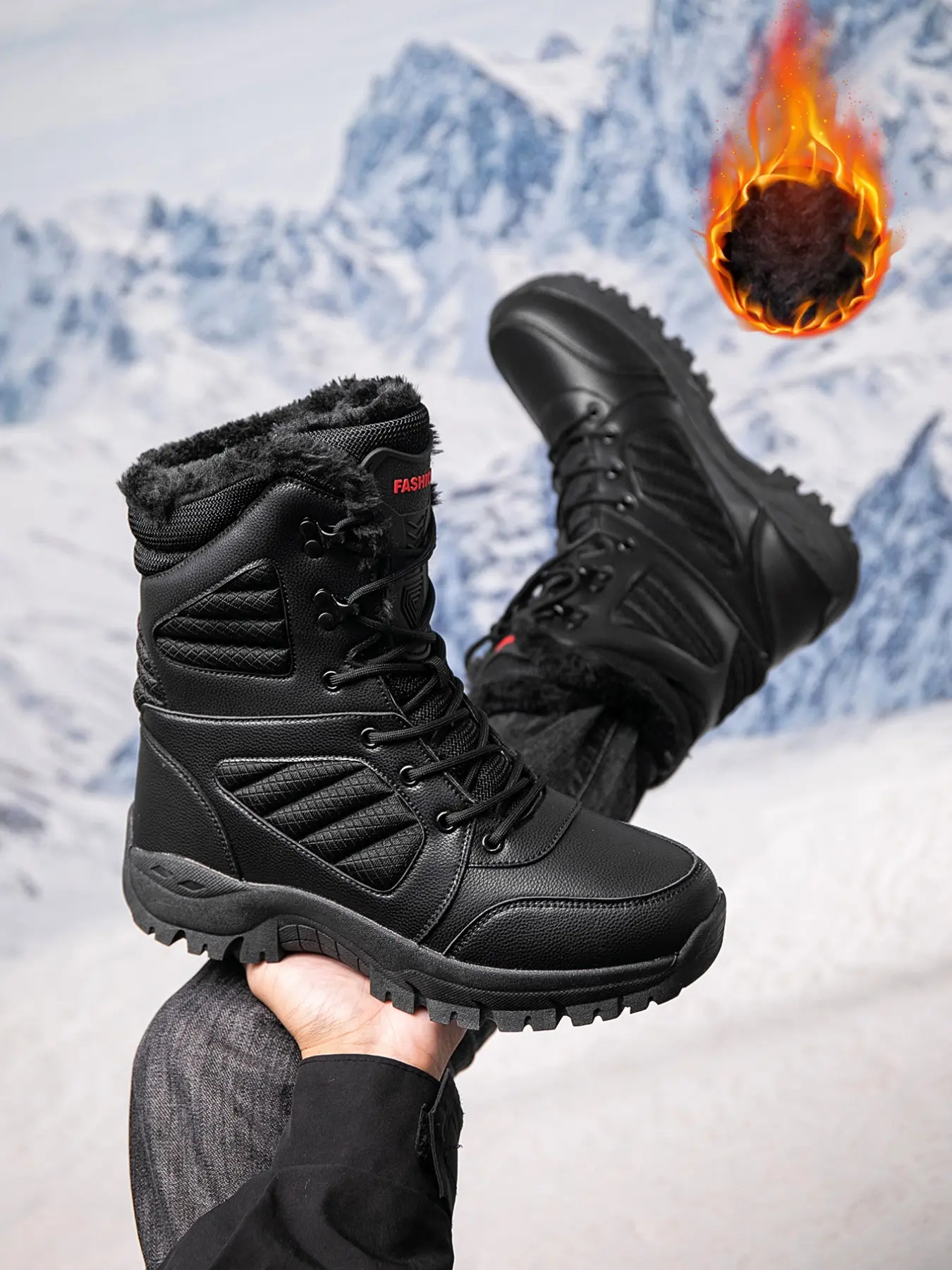New Men's Outdoor Snow Boots for Fall Winter, Thick Fleece Lining, High Top, Deep Tread Anti-Slip Sole, Durable Lace-Up Hiking Shoes, Winter Warm Shoes