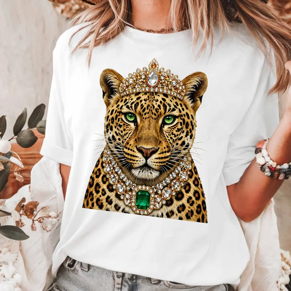 Regal Crown Leopard Graphic T-Shirt - 100% Cotton Royal Cheetah Emerald Jewelry Back Print Tee Unisex Y2K Glam Retro Streetwear
