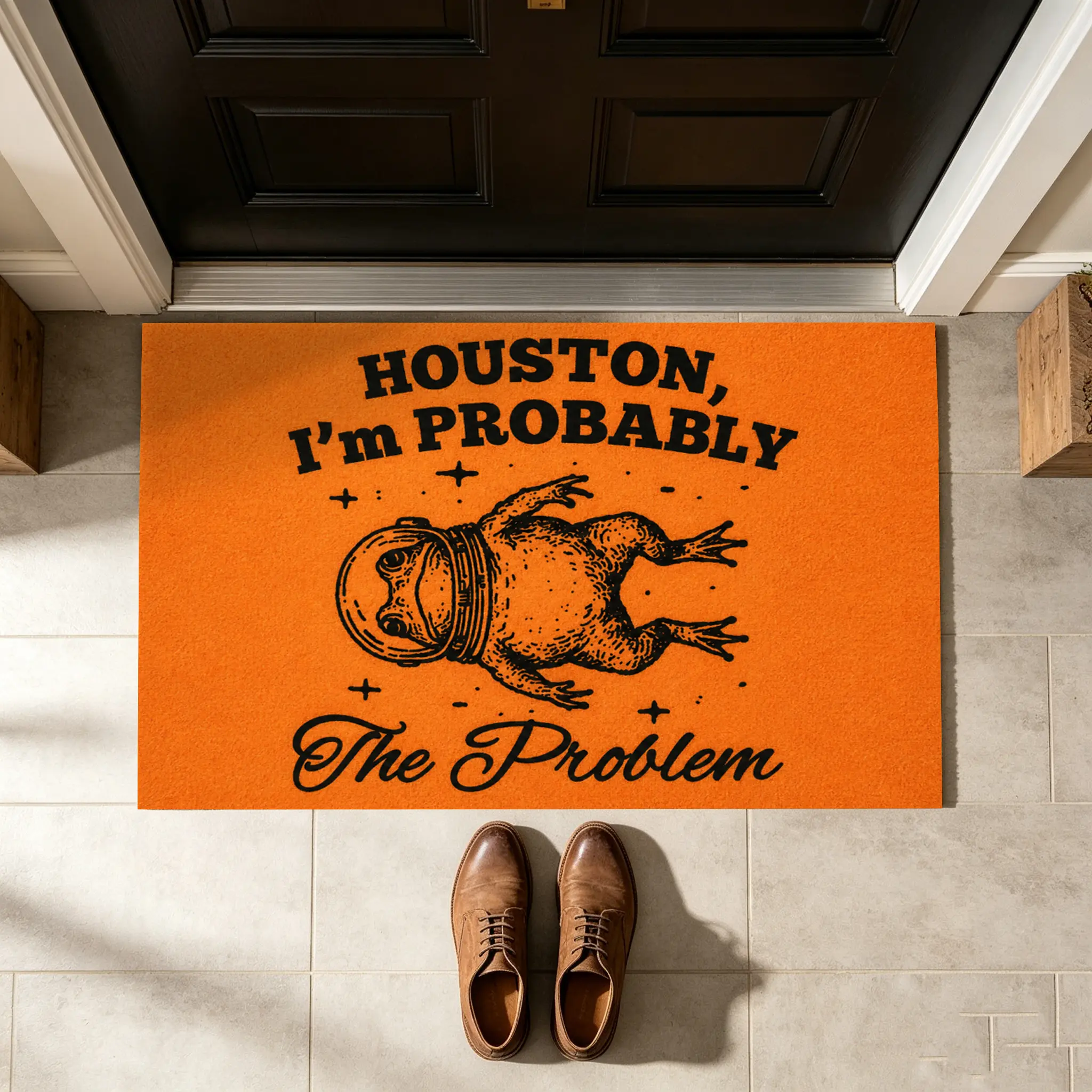 Art-Inspired Funny Houston Astronaut Frog Quote Diatomite Doormat - Multi-Size (24x35in, 16x24in/40x60cm) Absorbent Quick-Dry Non-Slip Durable Fade-Resistant Entry Rug - Front Door Decor, Minimalist Home Decor, Housewarming Gift with Space Humor