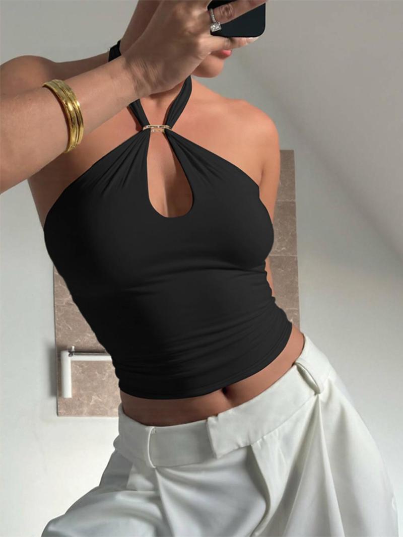 Women's Solid Backless Halter Neck Tank Top, Fashion Casual Sleeveless Top for Daily Outdoor Wear, Ladies Clothes for Summer