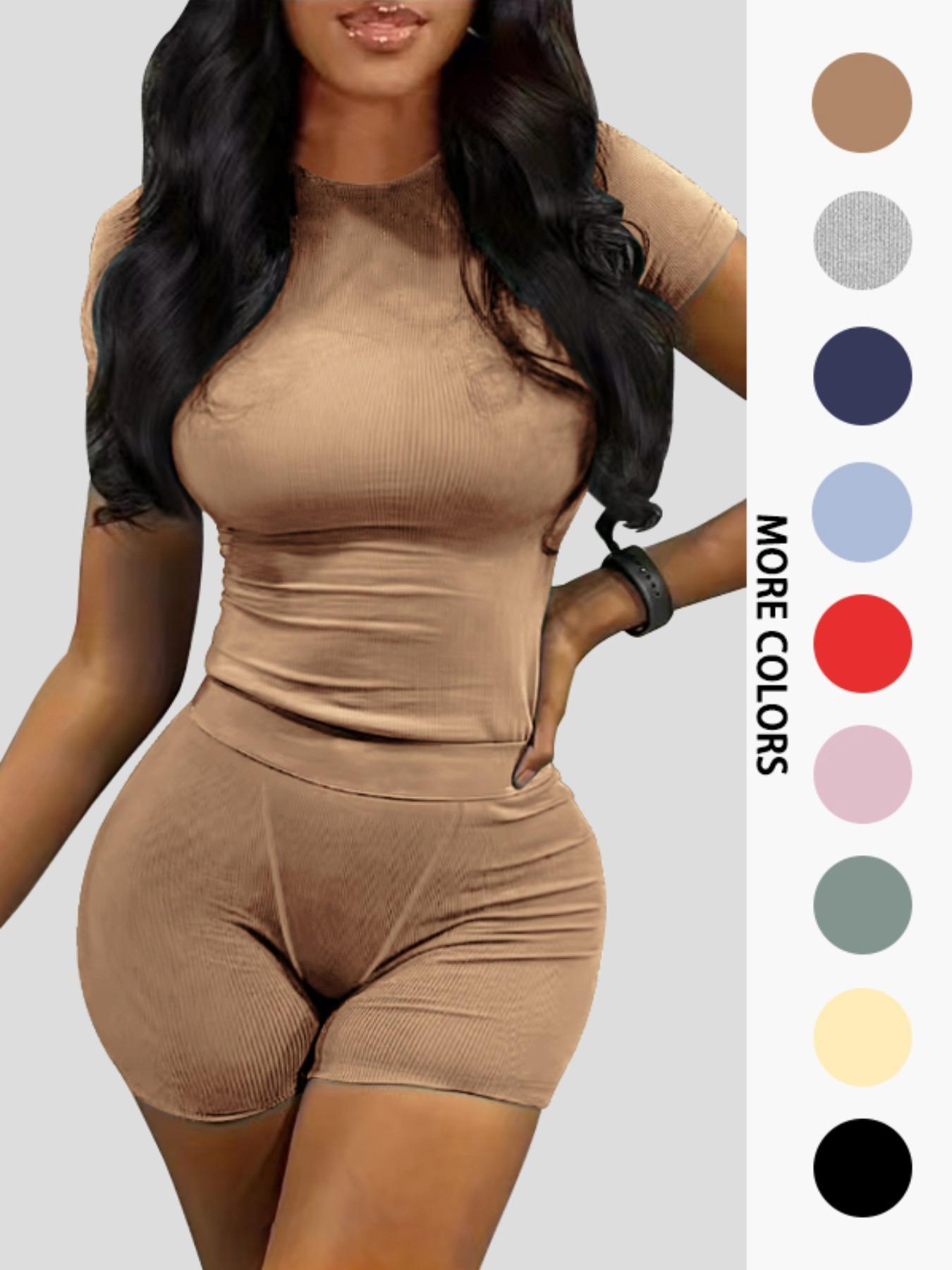 Women's Solid Ribbed Top & Skinny Shorts Set, Casual Comfy Round Neck Tee & Shorts For Yoga Gym Workout, Ladies Summer Clothes, Casual Activewear