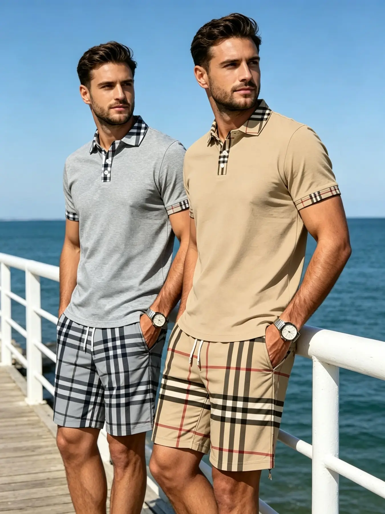 Summer Men's Plaid Collar Polo Short Sleeve Set, Vintage Check Drawstring Shorts, Beach Casual 4-Piece, Loose-Fitting