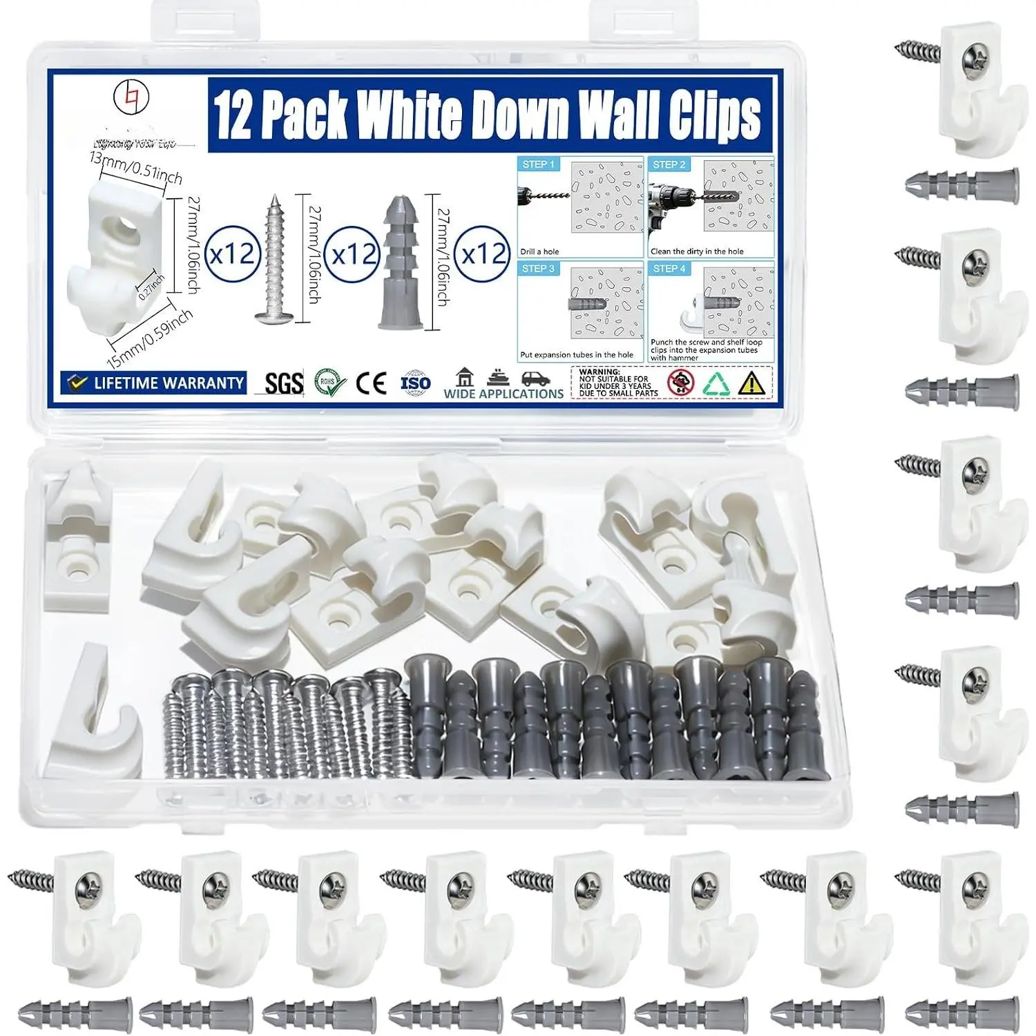 12 Pack White Down Wall Clip Closet Shelves Clips Wire Shelf Loop Clips Plastic Heavy Duty Wire Shelf Brackets Included Clips Screws and Expansion Tubes for Wire Closet Shelving