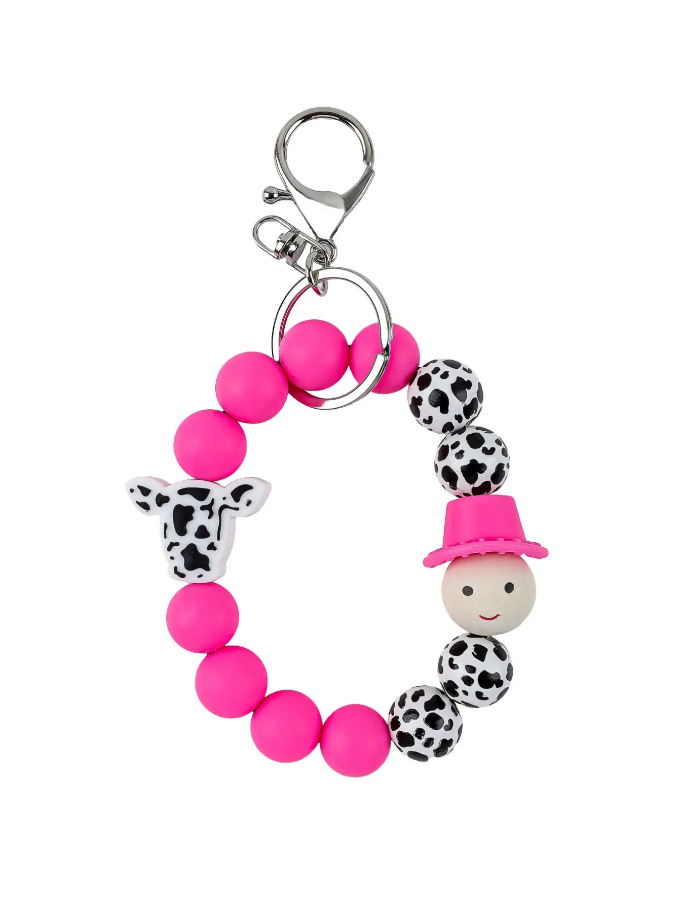 Western Cow Print Beaded Wristlet and Lanyard - Aesthetic Mama and Cowboy Motif Key Ring - Functional Hands-Free Bag Charm - Versatile Identity Gift Keychain Wristlet