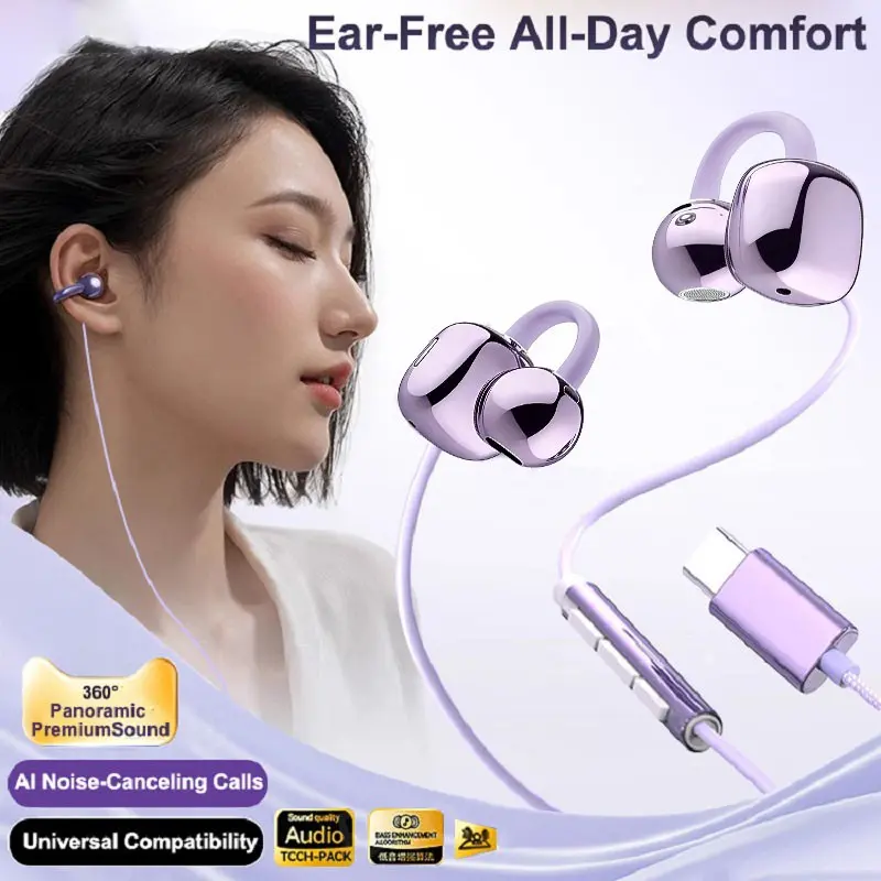 3.5mm and USB-C Wired Ear Clip Headphones, Hi-Fi Stereo, Volume Control, Compatible with Android, iPad Pro, Galaxy, iPhone