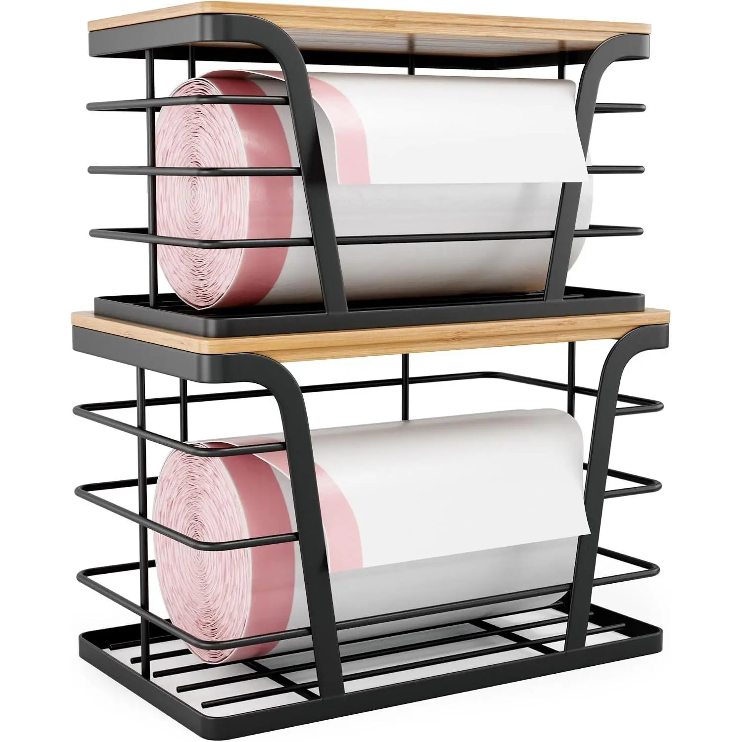 2 Pack Stackable Storage Laundry Kitchen Organizers, Wall Mount Trash Bag Holder with Bamboo Top and Garbage Bag Dispenser No Drill